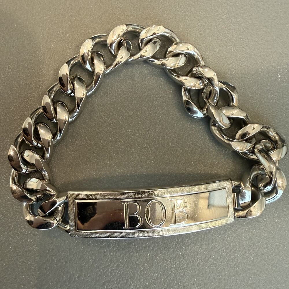 VTG Speidel ID Bracelet Rhodium Plated Large Curb Cuban Link Engraved “BOB” READ